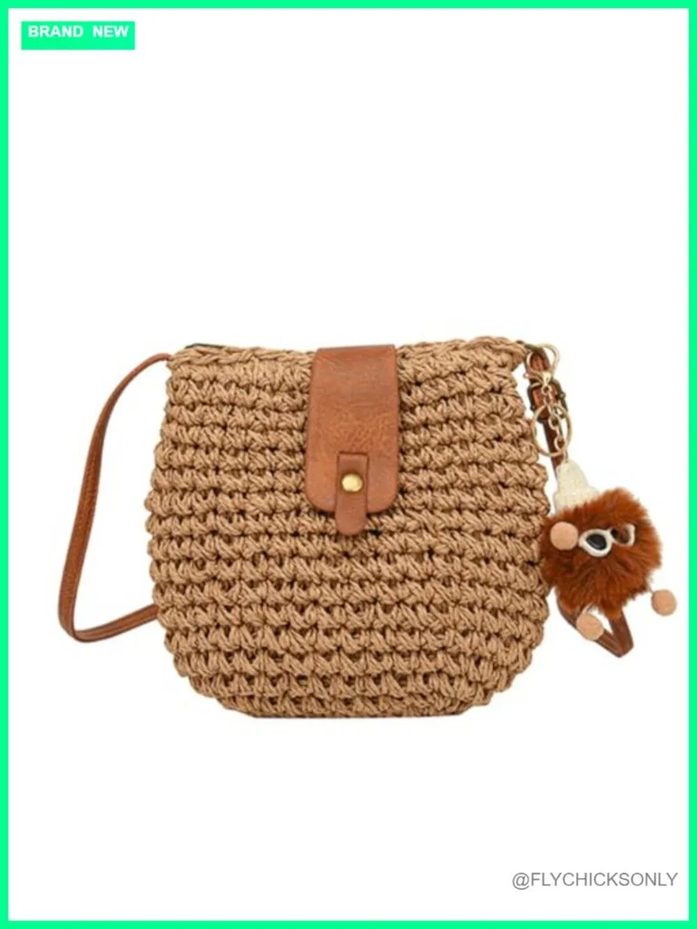 Handwoven Straw Crossbody Bag with Adjustable Strap and Pom-Pom Charm